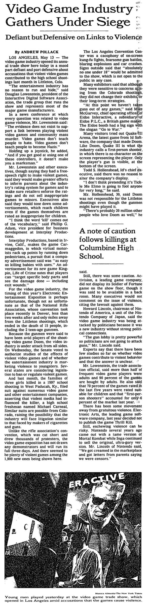 مقالۀ نیویورک‌تایمز که به بررسی ارتباط بین بازی‌های ویدئویی و کشتار با اسلحه در مدارس می‌پردازد.